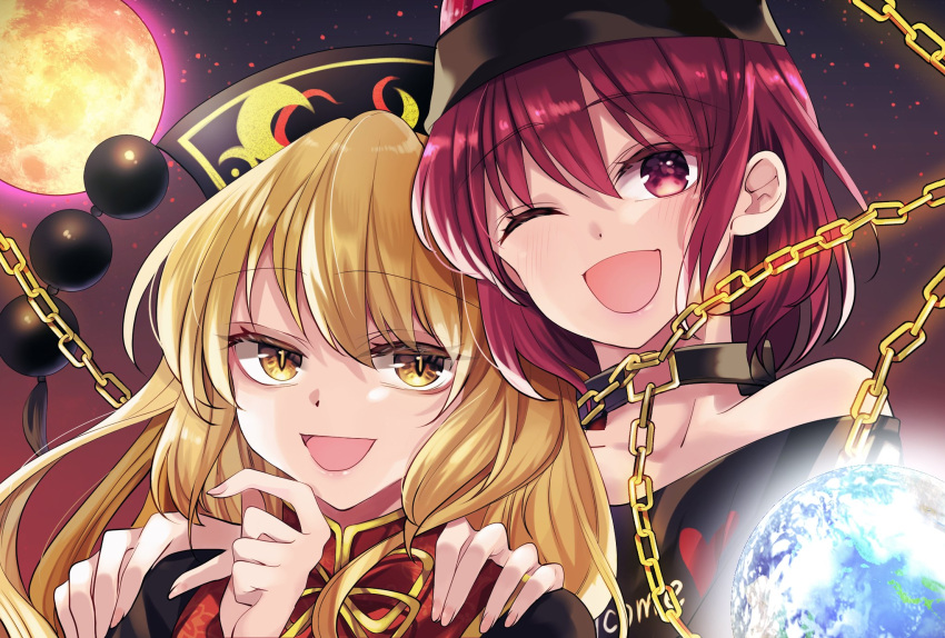 2girls :d ;d alternate_eye_color arm_up bangs black_choker black_shirt blonde_hair blush chain chinese_clothes choker clothes_writing collarbone commentary_request earth_(ornament) eyebrows_visible_through_hair eyelashes fingernails glowing gold_chain hands_on_another's_shoulders happy hecatia_lapislazuli highres junko_(touhou) katayama_kei lips long_hair looking_at_viewer medium_hair moon_(ornament) multiple_girls off-shoulder_shirt off_shoulder one_eye_closed open_mouth phoenix_crown polos_crown red_eyes redhead ribbon shiny shiny_hair shirt sidelocks slit_pupils smile standing t-shirt tassel tongue touhou upper_body yellow_eyes yellow_ribbon