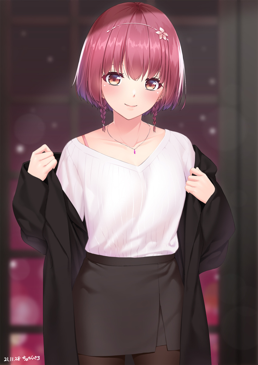 1girl azuki_nagamitsu_(tenka_hyakken) bangs black_coat black_skirt blurry blurry_background blush bra_strap braid breasts brown_eyes brown_legwear chobipero coat collarbone colored_tips cowboy_shot dated flower gradient_hair hair_flower hair_ornament hairband hands_up highres jewelry lipgloss long_sleeves looking_at_viewer miniskirt multicolored_hair necklace open_clothes open_coat pantyhose pencil_skirt pendant purple_hair redhead ribbed_sweater short_hair_with_long_locks skirt sleeves_past_wrists smile solo standing streaked_hair sweater tenka_hyakken twin_braids undressing v-neck white_sweater