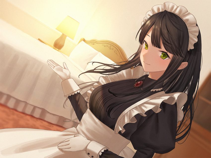 1girl bangs bed bed_sheet bedroom black_hair blush closed_mouth gloves green_eyes highres indoors jfjf lamp long_hair looking_at_viewer maid maid_headdress original smile solo standing white_gloves