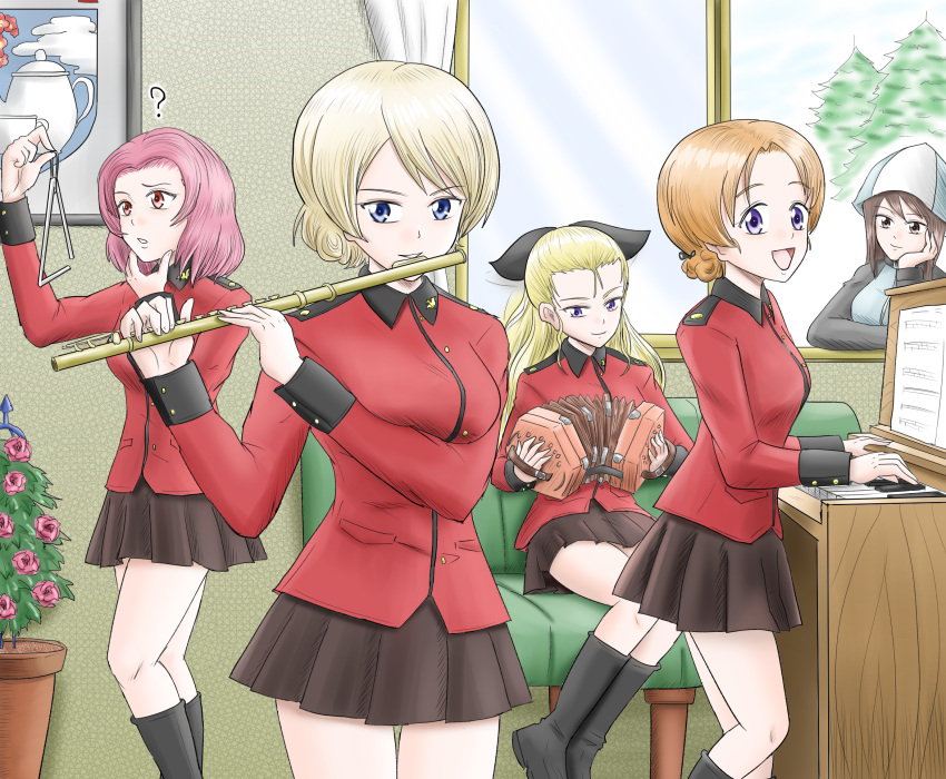 5girls ? accordion assam_(girls_und_panzer) bangs black_footwear black_ribbon black_skirt blonde_hair blue_eyes blue_headwear blue_jacket blue_sky boots braid brown_eyes brown_hair closed_mouth commentary couch darjeeling_(girls_und_panzer) day elbow_rest emblem flute frown girls_und_panzer hair_pulled_back hair_ribbon hand_on_own_chin harukai-i hat head_rest highres holding holding_instrument indoors instrument jacket keizoku_military_uniform long_hair long_sleeves looking_at_another looking_at_viewer medium_hair mika_(girls_und_panzer) military military_uniform miniskirt multiple_girls music on_couch open_mouth open_window orange_hair orange_pekoe_(girls_und_panzer) organ_(instrument) parted_bangs plant playing_instrument pleated_skirt potted_plant raglan_sleeves red_jacket redhead ribbon rosehip_(girls_und_panzer) sheet_music short_hair sitting skirt sky smile st._gloriana's_(emblem) st._gloriana's_military_uniform standing tied_hair track_jacket triangle_(instrument) tulip_hat twin_braids uniform window