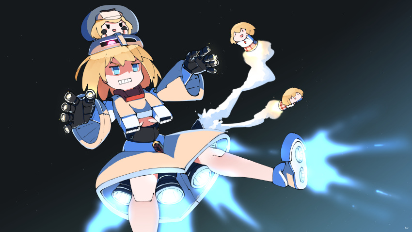 4girls :d absurdres blonde_hair blue_eyes blush breasts cosplay deerstalker finger_cannon gundam gundam_msv hat highres hololive hololive_english mecha_musume missile multiple_girls perfect_zeong rectangular_mouth smile smol_ame space thrusters under_boob virtual_youtuber walfie_(style) watson_amelia zaniaii zeong zeong_(cosplay)
