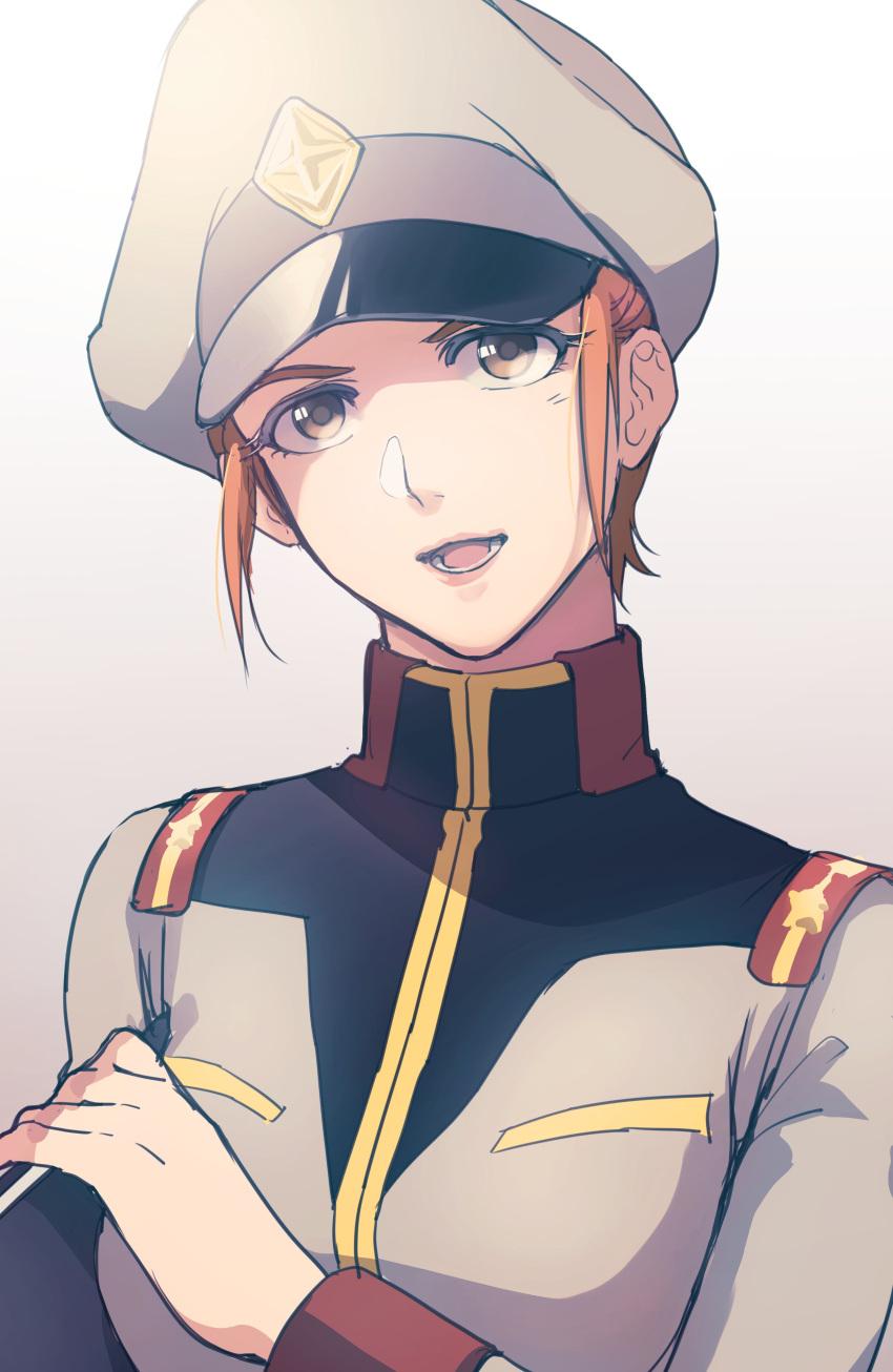 1girl :d absurdres brown_eyes brown_hair character_request gradient gradient_background grey_background grey_headwear grey_jacket gundam highres jacket military military_jacket military_uniform oh_syz short_hair smile solo uniform upper_body