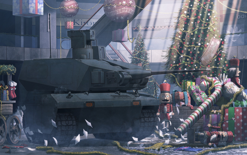 christmas christmas_tree commentary_request commission earasensha gift ground_vehicle looking_at_another mall military military_vehicle motor_vehicle no_humans nutcracker original paper skeb_commission socks stairs sunlight tank turret wheel