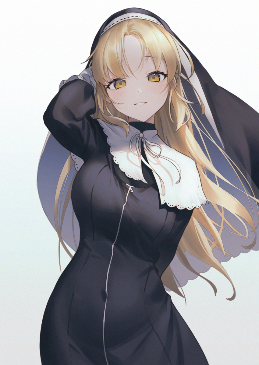 1girl arm_behind_head arm_up bangs black_dress blonde_hair blush breasts commentary_request dress eyebrows_visible_through_hair habit highres large_breasts long_hair long_sleeves looking_at_viewer neck_ribbon nijisanji nun parted_bangs parted_lips ribbon simple_background sister_cleaire smile solo veil virtual_youtuber white_background white_ribbon yaye yellow_eyes