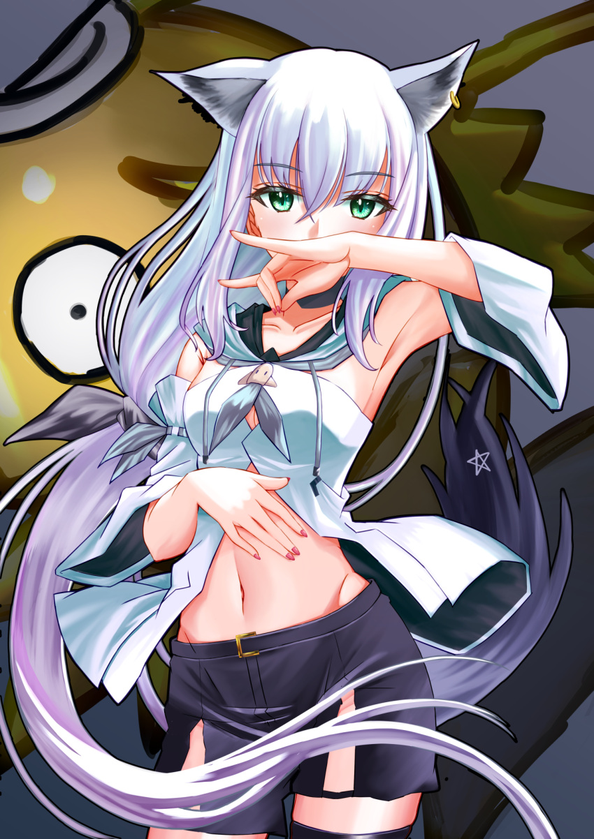 1girl alternate_color armpits bangs black_bow black_legwear black_shorts blue_neckerchief bow breasts collarbone commentary detached_sleeves earrings extra_ears eyebrows_visible_through_hair fox_shadow_puppet green_eyes hair_between_eyes hair_bow hand_on_own_stomach haniwa_painting highres hololive hood hoodie jewelry long_hair looking_at_viewer magikarp midriff navel neckerchief pentagram pokemon red_nails shiny_pokemon shirakami_fubuki short_shorts shorts sidelocks single_thighhigh small_breasts thigh-highs thigh_strap very_long_hair virtual_youtuber white_hair white_hoodie