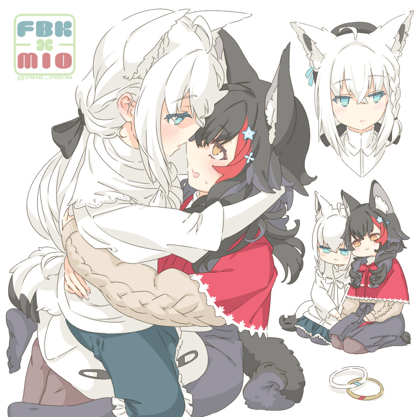 2girls animal_ears aqua_eyes black_bow black_hair blush bow brown_eyes character_name commentary_request extra_ears eye_contact face-to-face fox_ears fox_girl fox_tail grey_hair hair_bow highres hololive jewelry long_hair looking_at_another multicolored_hair multiple_girls multiple_views ookami_mio open_mouth redhead ring shirakami_fubuki streaked_hair sweat tail tataki_tuna twitter_username white_background white_hair wolf_girl yuri