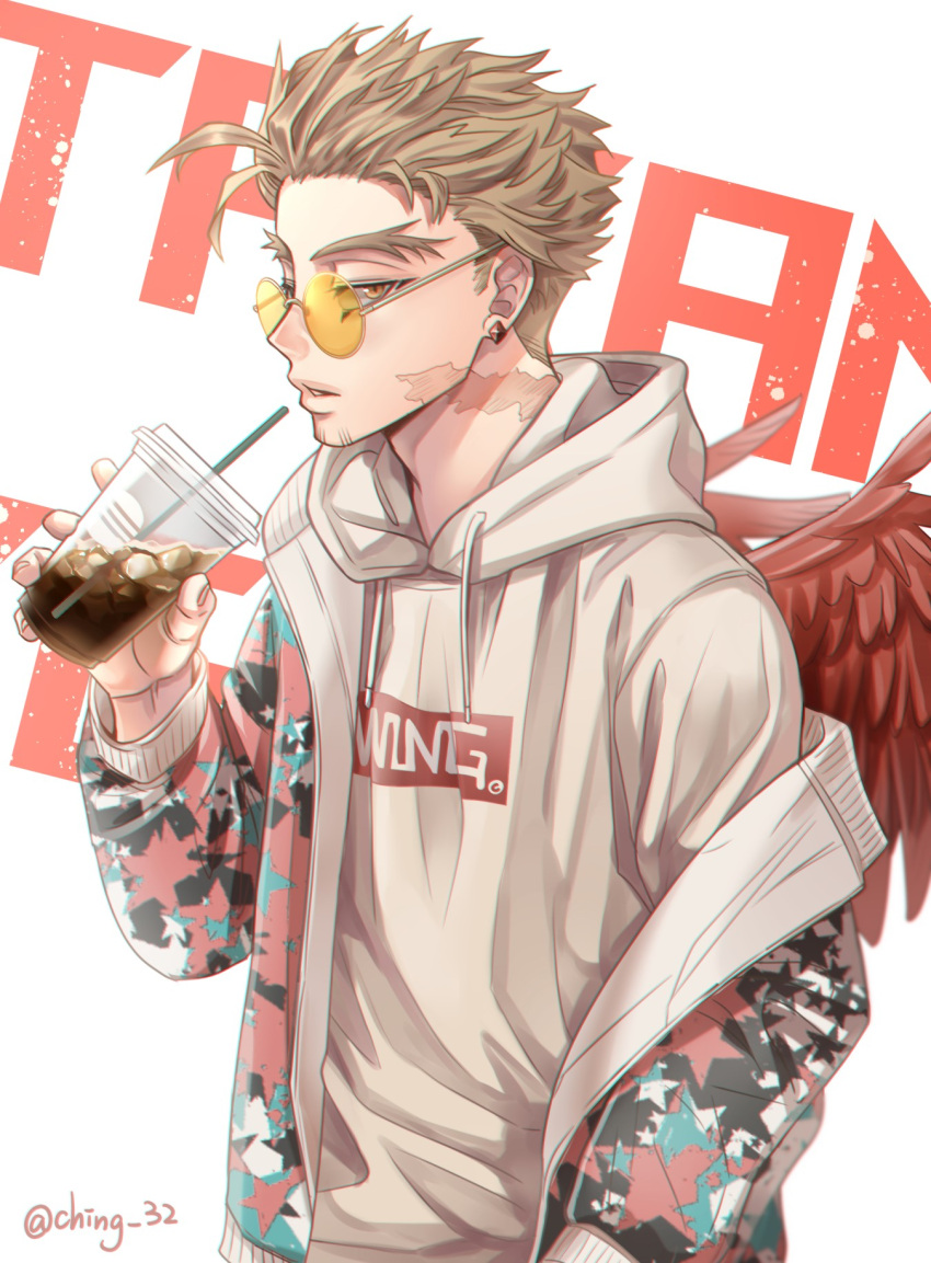 1boy alice11145032 background_text blonde_hair boku_no_hero_academia burn_scar casual clothes_writing cup drink earrings facial_hair feathered_wings hand_up hawks_(boku_no_hero_academia) highres hood hoodie ice ice_cube jacket jacket_partially_removed jewelry looking_afar male_focus messy_hair parted_lips red_feathers round_eyewear scar solo star_(symbol) star_print stud_earrings white_background wings