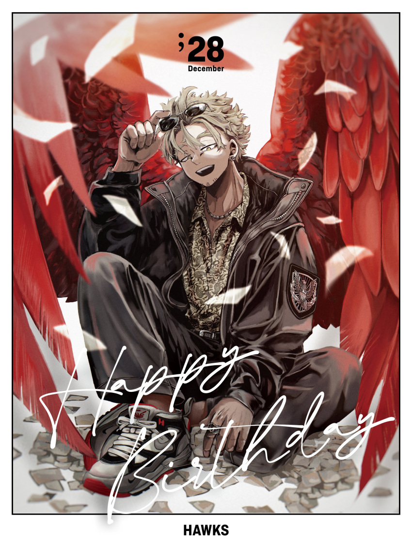 1boy absurdres blonde_hair boku_no_hero_academia bomber_jacket casual chain_necklace collared_shirt earrings eyewear_on_head facial_hair facing_viewer feathered_wings hand_on_headwear happy_birthday hawks_(boku_no_hero_academia) highres jacket jewelry knee_up male_focus open_mouth red_feathers shirt shoes sitting sneakers solo stud_earrings wings