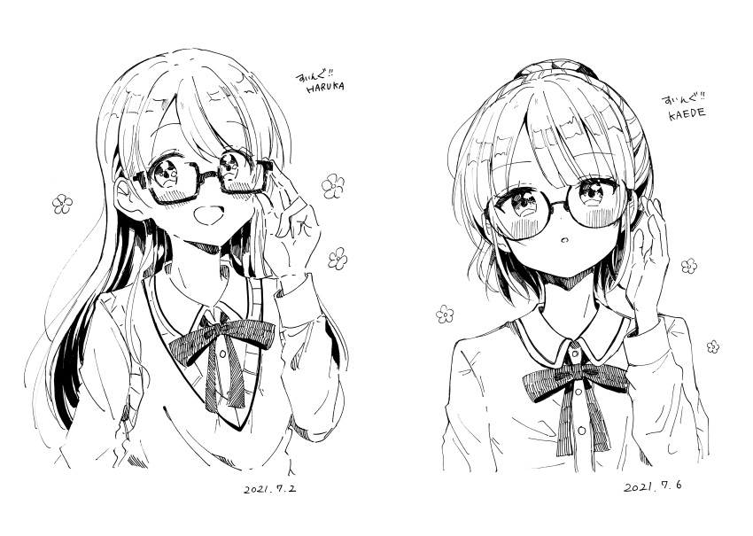 2girls :d :o absurdres bangs blush bow collared_shirt cropped_torso dated dress_shirt eyebrows_visible_through_hair glasses greyscale hand_up highres long_hair long_sleeves looking_at_viewer monochrome multiple_girls original parted_lips ponytail round_eyewear sakura_oriko semi-rimless_eyewear shirt short_hair simple_background smile sweater_vest traditional_media under-rim_eyewear upper_body white_background