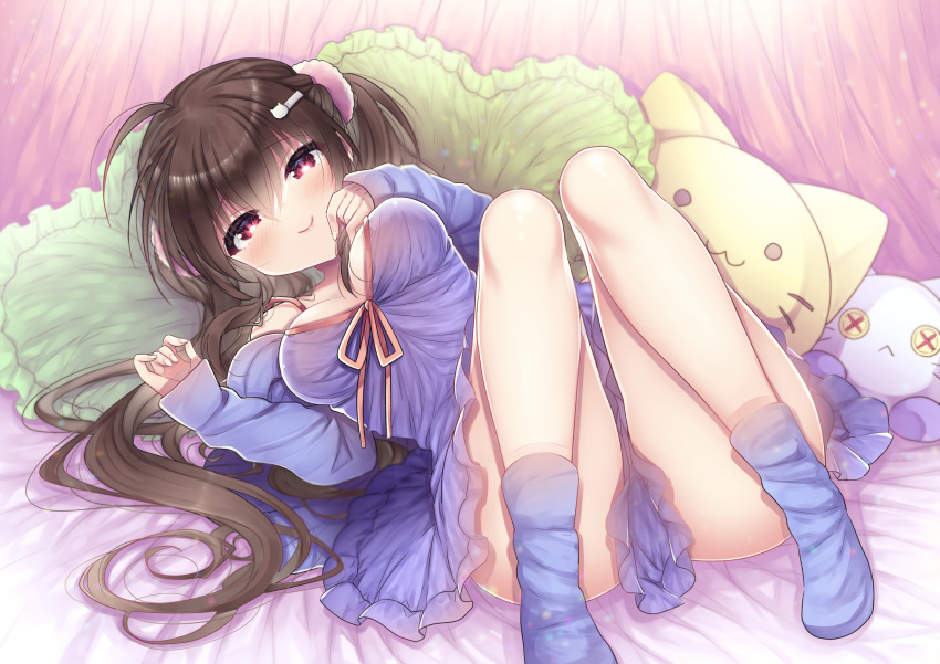 blue_dress blue_footwear blue_legwear blush brown_eyes cat_hair_ornament cat_pillow cushion dress hair_ornament hano_haruka highres long_hair looking_at_viewer lying original red_eyes scrunchie siscon_ani_to_brocon_imouto_ga_shoujiki_ni_nattara smile thighs twintails uta_(siscon_ani_to_brocon_imouto_ga_shoujiki_ni_nattara_) very_long_hair