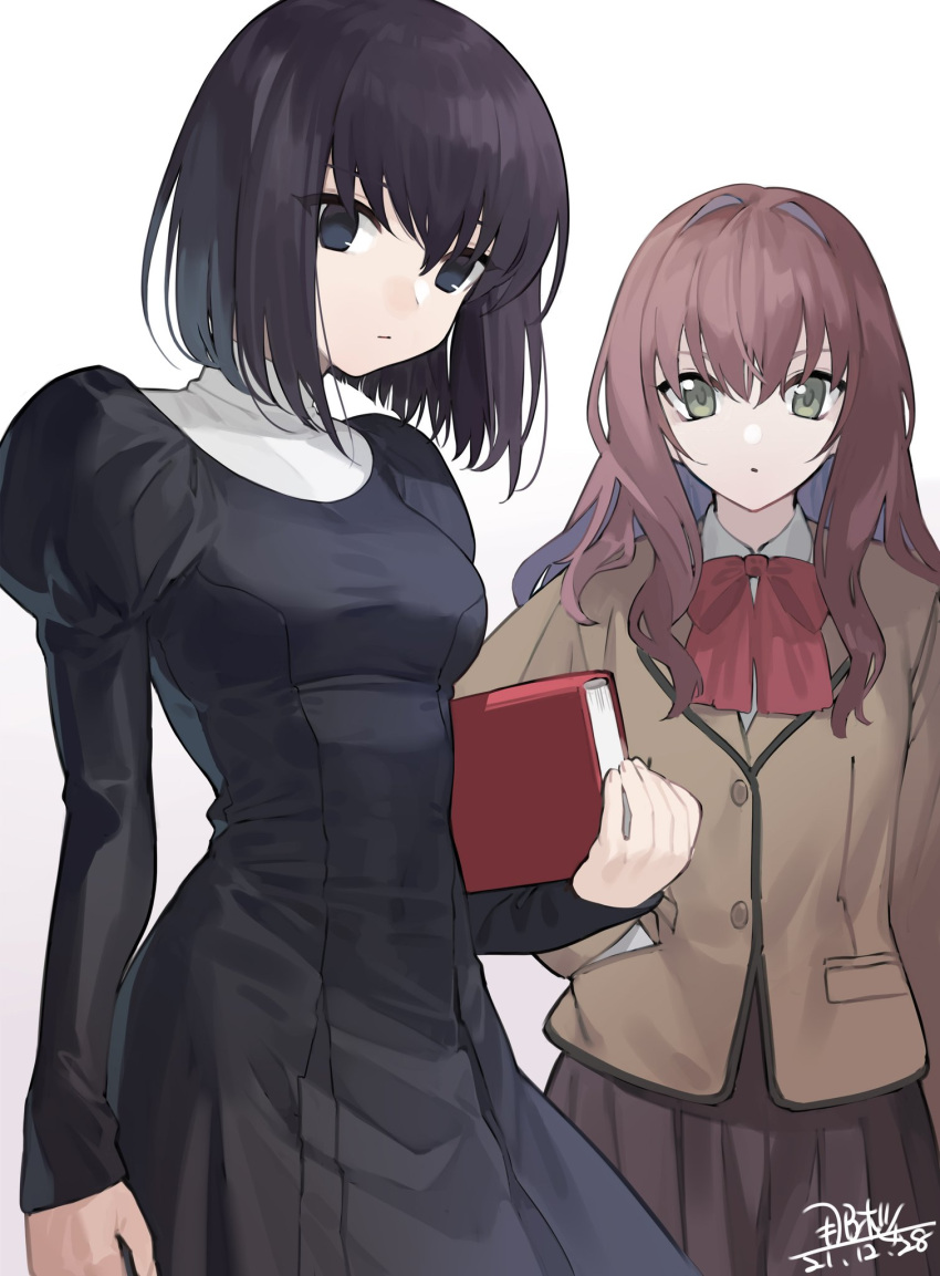 2girls bangs black_dress black_eyes black_hair blazer book bow bowtie breasts brown_hair brown_jacket brown_skirt buttons closed_mouth collared_shirt commentary_request dated dress expressionless green_eyes habit hair_between_eyes hand_in_pocket highres holding holding_book jacket juliet_sleeves kumari_kojika kuonji_alice long_dress long_hair long_sleeves looking_at_viewer mahou_tsukai_no_yoru medium_breasts multiple_girls nao_(syn_eaa) pleated_skirt pocket puffy_sleeves red_bow school_uniform shirt short_hair signature simple_background skirt uniform upper_body white_background white_shirt