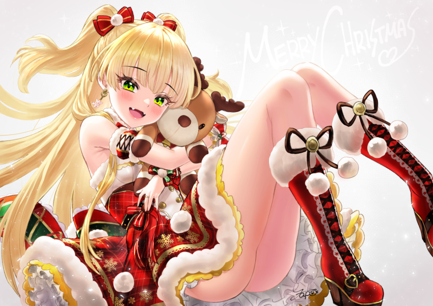 1girl :d artist_name bangs blonde_hair blush boots bow breasts detached_sleeves dress earrings eyebrows_visible_through_hair fangs fur-trimmed_boots fur_trim green_eyes hair_bow high_heel_boots high_heels idolmaster idolmaster_cinderella_girls jewelry jougasaki_rika lips long_hair looking_at_viewer merry_christmas open_mouth pom_pom_(clothes) red_bow red_dress red_footwear ring signature simple_background small_breasts smile snowflake_earrings snowflake_print solo striped striped_bow stuffed_animal stuffed_reindeer stuffed_toy two_side_up yapo_(croquis_side)