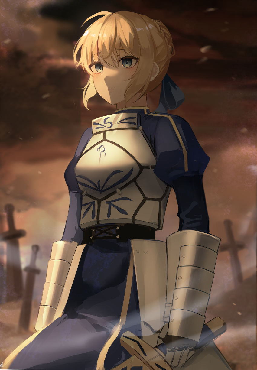 1girl absurdres ahoge armor armored_dress artoria_pendragon_(fate) bad_id bad_pixiv_id bangs battlefield blonde_hair braid clouds cloudy_sky excalibur_(fate/stay_night) eyebrows_behind_hair eyebrows_visible_through_hair fate/stay_night fate_(series) green_eyes hair_between_eyes highres holding holding_sword holding_weapon kyo_(maae00) saber sky solo sword weapon