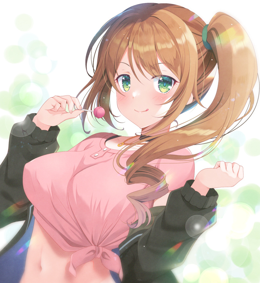 1girl :q black_choker black_jacket bra_strap breasts brown_hair candy chloe_(princess_connect!) choker closed_mouth crop_top food green_eyes hands_up highres holding jacket jewelry lollipop long_hair long_sleeves looking_at_viewer medium_breasts midriff naruse_mamoru navel necklace off_shoulder open_clothes open_jacket pink_shirt princess_connect! shirt short_sleeves side-tie_shirt side_ponytail sidelocks smile solo stomach tongue tongue_out upper_body