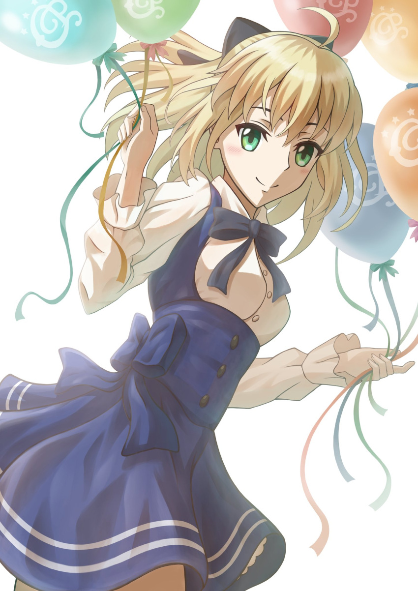 1girl :d ahoge artoria_pendragon_(all) balloon bangs black_bow black_neckwear black_ribbon blonde_hair blue_dress boots bow brown_footwear cross-laced_footwear dress eyebrows_visible_through_hair fate/grand_order fate/unlimited_codes fate_(series) green_eyes hair_bow highres holding_balloon long_sleeves looking_at_viewer matsu_moco5 open_mouth ribbon saber_lily short_hair simple_background sitting smile solo white_background