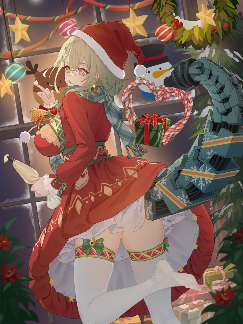 1girl :q bell blue_eyes box braid breasts christmas christmas_ornaments christmas_tree de_lacey_(girls'_frontline_nc) dress earrings eyebrows_visible_through_hair food food_on_face from_behind garter_straps gift gift_box girls'_frontline_neural_cloud girls_frontline green_hair green_scarf hat highres icing jewelry jingle_bell large_breasts leg_up licking_lips looking_at_viewer looking_back mechanical_tail mole mole_under_mouth moran_(pixiv27824646) multicolored_eyes no_shoes pastry_bag red_dress red_eyes santa_hat scarf smile soles solo symbol-shaped_pupils tail thigh-highs tongue tongue_out white_legwear window x-shaped_pupils