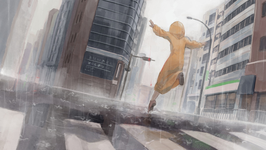 1girl brown_footwear building city commentary crosswalk dutch_angle english_commentary from_behind hood hood_up lamppost long_sleeves original others outdoors outstretched_arms rain solo traffic_light yellow_raincoat