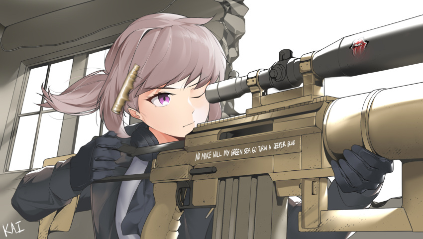 1girl anti-materiel_rifle black_gloves bolt_action brown_hair casing_ejection cheytac_m200 commentary english_commentary english_text eyebrows_visible_through_hair girls_frontline gloves gun headphones headphones_around_neck highres holding holding_gun holding_weapon jacket kaicchi lyrics m200_(girls'_frontline) one_eye_closed ponytail rifle scope shell_casing shirt signature sniper_rifle solo the_rolling_stones violet_eyes weapon white_shirt