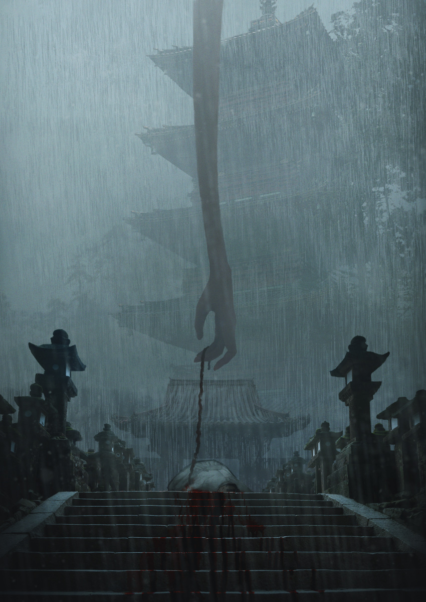 1other absurdres architecture black_hair blood branch clouds cloudy_sky corpse couldoh dark death east_asian_architecture giant_hand highres lantern leaf lying on_stomach original rain scenery shrine sky stairs tree