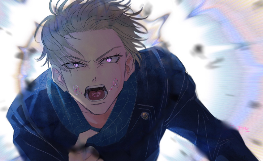 angry backlighting blonde_hair blown_air close-up cowl energy explosion eye_contact glowing highres ikuraed inumaki_toge jacket jujutsu_kaisen looking_at_another looking_at_viewer mask_pull open_mouth special_moves tongue