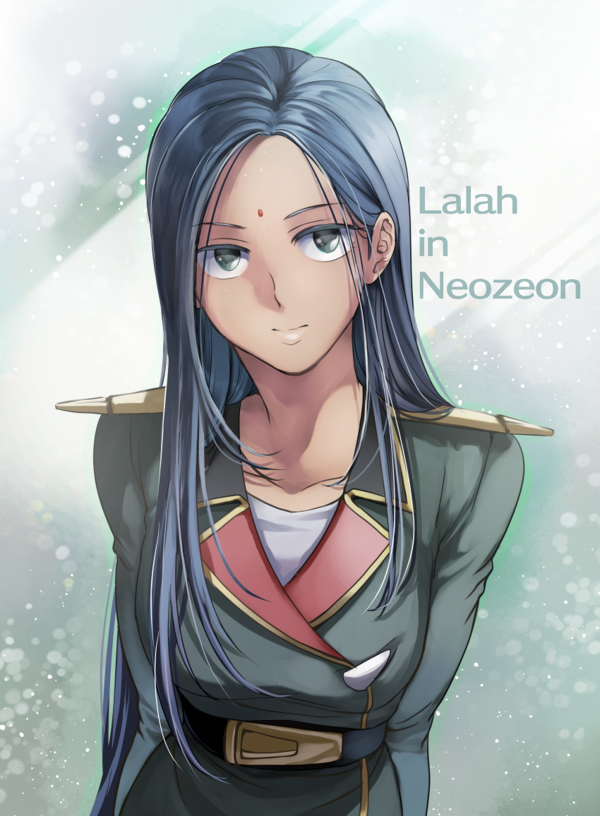 1girl absurdres alternate_costume black_eyes blue_hair character_name closed_mouth collarbone facial_mark grey_jacket gundam highres jacket lalah_sune long_hair looking_at_viewer military_jacket mobile_suit_gundam mole mole_under_eye oh_syz shiny shiny_hair solo standing straight_hair upper_body very_long_hair