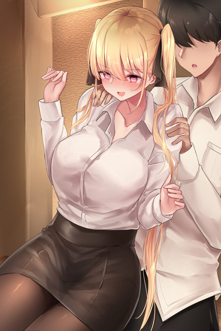 1boy 1girl bangs black_hair black_legwear black_ribbon black_skirt blonde_hair blush breasts collarbone collared_shirt commentary_request dress_shirt eyebrows_visible_through_hair hair_ornament hair_ribbon highres large_breasts long_hair long_sleeves office_lady open_mouth original osisio pantyhose ribbon shirt shirt_tucked_in skirt smile solo_focus twintails violet_eyes white_shirt