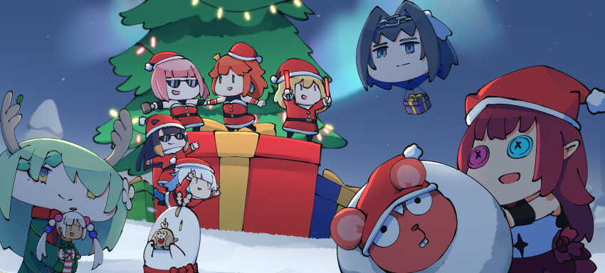 6+girls :3 :d absurdres bird blonde_hair blue_eyes blue_hair box buck_teeth button_eyes ceres_fauna chibi christmas_tree cup dark-skinned_female dark_skin gawr_gura ghost gift gift_box green_hair hair_intakes hakos_baelz hat head_chain highres holocouncil hololive hololive_english holomyth horns irys_(hololive) jacket light_brown_hair limiter_(tsukumo_sana) merry_christmas mole mole_under_eye mori_calliope mug multiple_girls nanashi_mumei night ninomae_ina'nis orange_hair ouro_kronii owl pink_hair pointy_ears purple_hair rat santa_costume santa_hat scarf smile snow snowball standing sunglasses takanashi_kiara teeth tentacle_hair traffic_baton tsukumo_sana twintails virtual_youtuber walfie_(style) watson_amelia white_hair yellow_eyes yukkuri_shiteitte_ne zaniaii