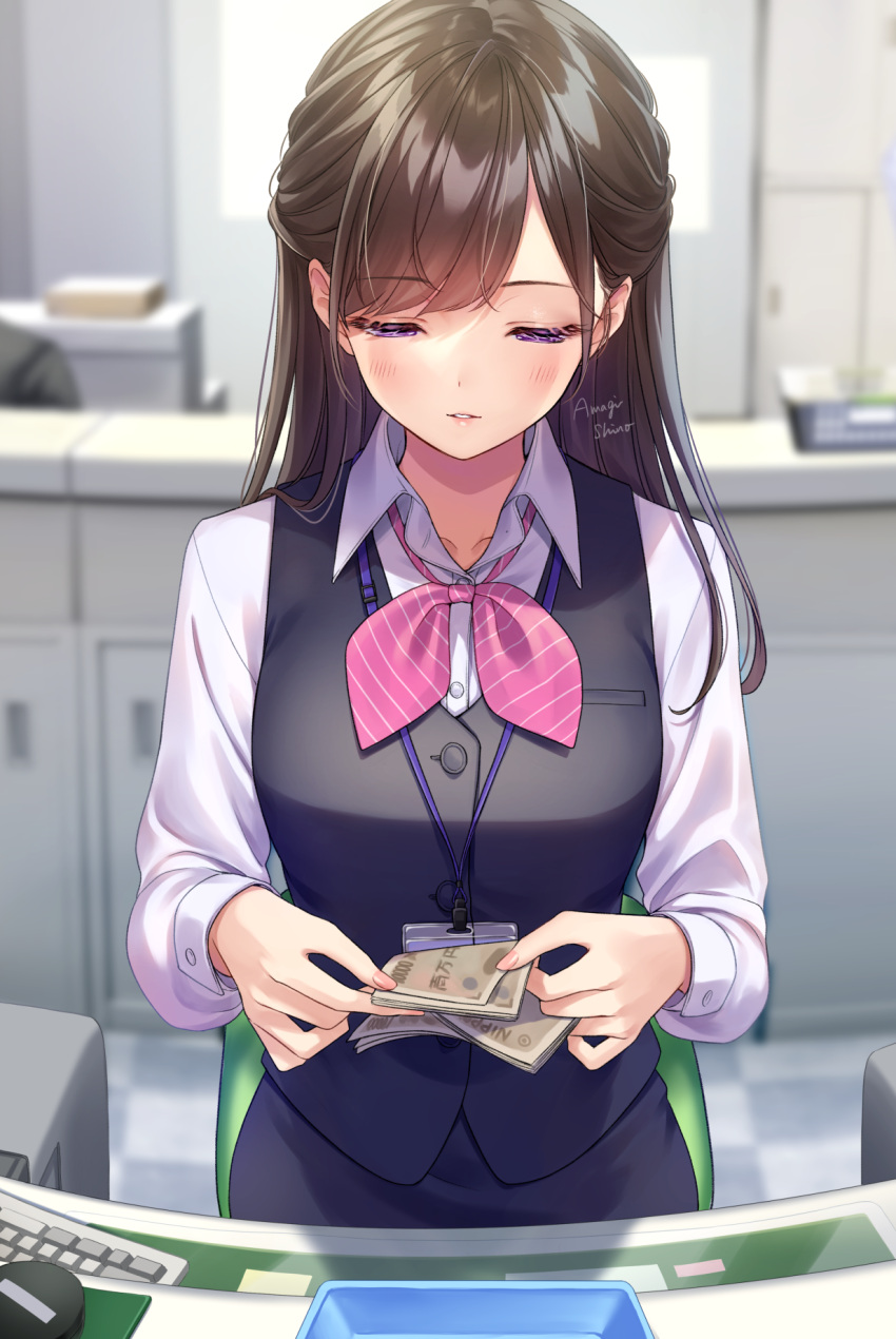 1girl amagi_shino bangs black_skirt blue_vest blurry blurry_background blush breasts brown_hair buttons collared_shirt commentary_request cowboy_shot dress_shirt eyebrows_visible_through_hair eyelashes highres holding holding_money id_card lanyard lips long_hair long_sleeves looking_down medium_breasts money neck_ribbon office_lady original parted_lips pink_ribbon ribbon shirt signature skirt solo standing striped striped_ribbon swept_bangs uniform vest violet_eyes white_shirt wing_collar