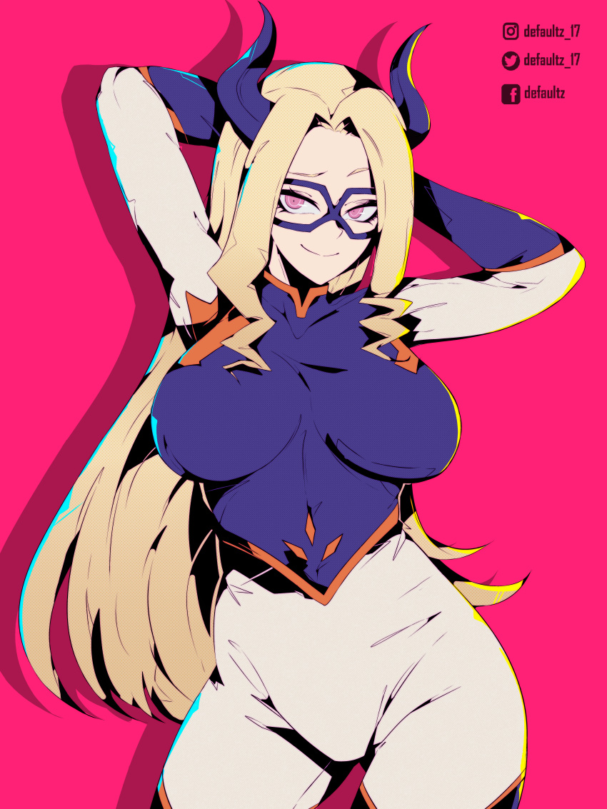 1girl absurdres arms_behind_head blonde_hair bodysuit boku_no_hero_academia breasts closed_mouth collarbone covered_navel cowboy_shot defaultz english_commentary facebook_username forehead highres horns instagram_username large_breasts long_hair looking_at_viewer mask mount_lady pink_background pink_eyes shadow sidelocks simple_background smile solo thighs twitter_username