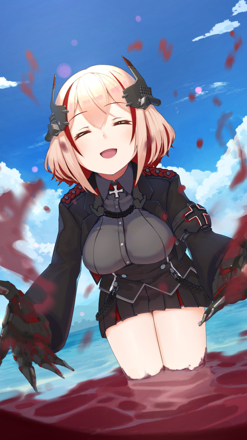 1girl ^_^ azur_lane bangs black_corset black_jacket black_skirt blonde_hair blood blue_sky breasts closed_eyes clouds commentary_request corset cowboy_shot cropped_jacket cross day eyebrows_visible_through_hair false_smile grey_shirt hair_between_eyes headgear highres iron_cross jacket large_breasts long_sleeves metal_gloves multicolored_hair ocean open_clothes open_jacket open_mouth outdoors partial_commentary pleated_skirt pool_of_blood redhead roon_(azur_lane) shirt short_hair sidelocks skirt sky smile solo splashing standing streaked_hair wading yohia