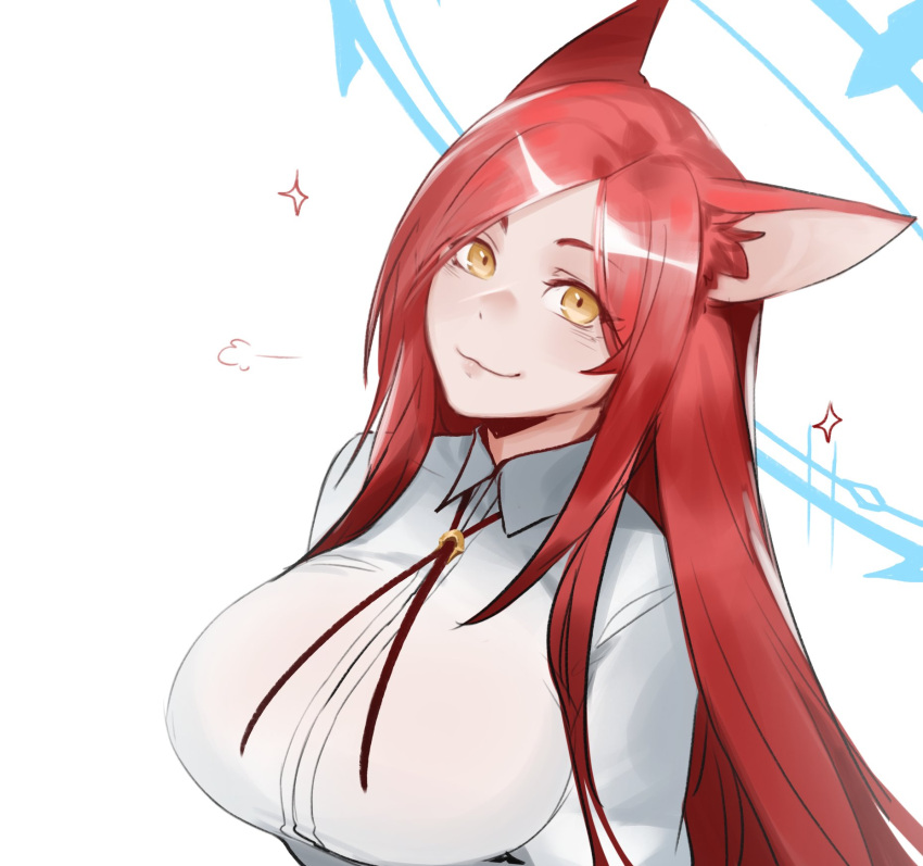 1girl =3 animal_ear_fluff animal_ears breasts cat_ears commentary english_commentary halo highres large_breasts less long_hair looking_at_viewer original redhead shirt simple_background smile solo sparkle upper_body white_background white_shirt yellow_eyes