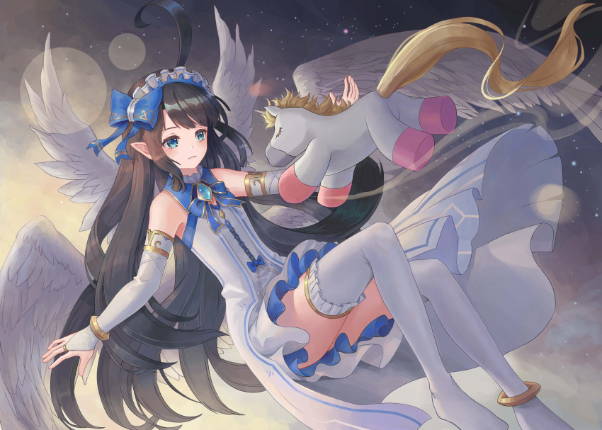 1girl absurdres angel_wings ass bangs black_hair blue_eyes blush closed_mouth cronos'kid dress flat_chest hair_ribbon highres long_hair looking_away night night_sky pointy_ears ribbon sky solo star_(sky) starry_sky stuffed_animal stuffed_toy thighs wings