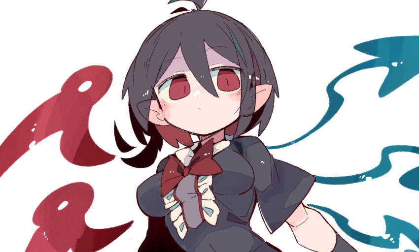 1girl ahoge asymmetrical_wings black_dress black_hair blue_wings blush breasts closed_mouth dress eyebrows_visible_through_hair hair_between_eyes houjuu_nue massakasama medium_breasts pointy_ears red_eyes red_wings short_hair short_sleeves simple_background solo touhou upper_body white_background wings