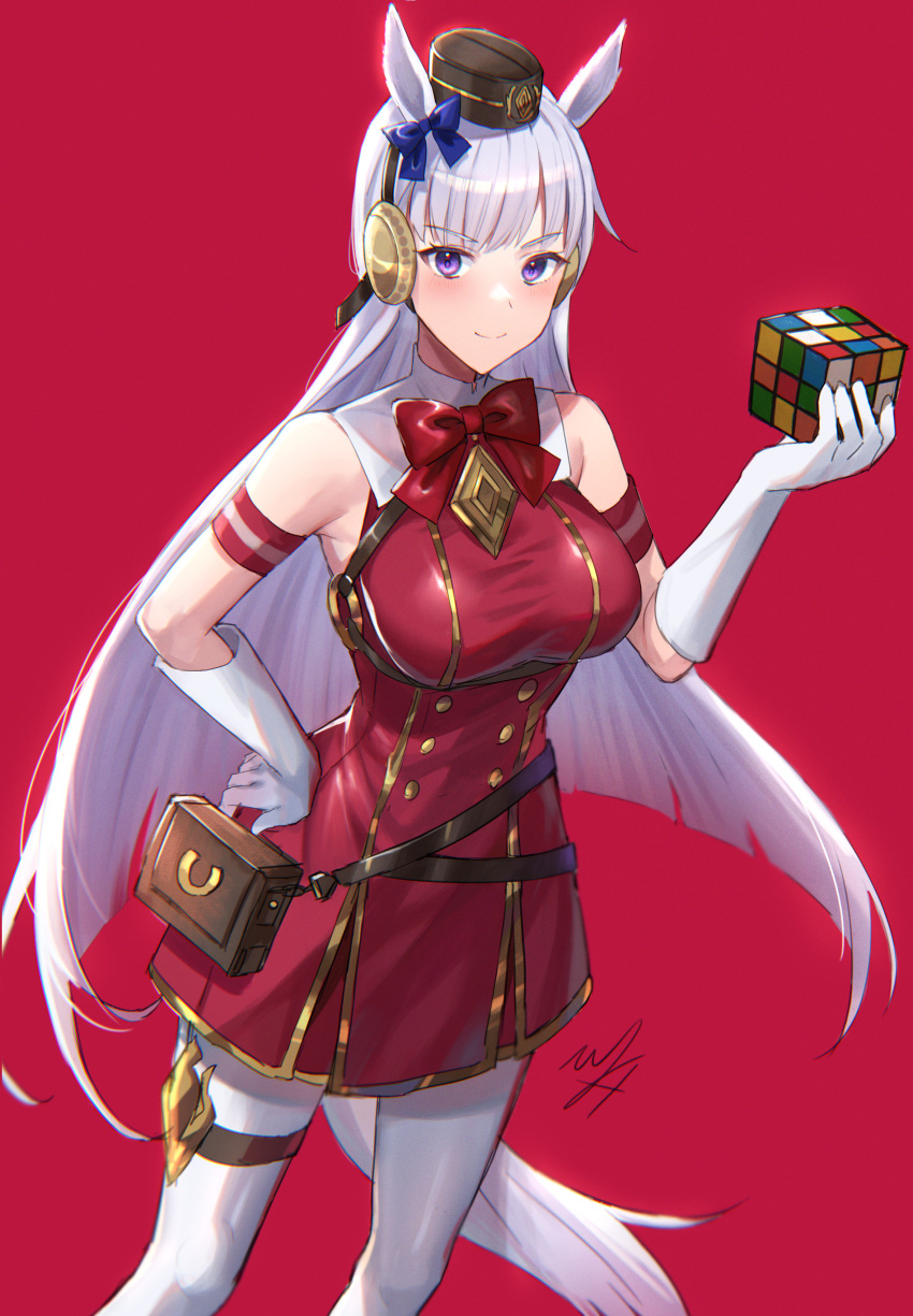 1girl absurdres animal_ears bangs blunt_bangs breasts cowboy_shot dress ear_bow gloves gold_ship_(umamusume) grey_hair highres hitomin_(ksws7544) holding horse_ears horse_girl horse_tail long_hair medium_breasts pantyhose pillbox_hat red_background red_dress red_headwear rubik's_cube simple_background solo tail umamusume violet_eyes white_gloves white_legwear