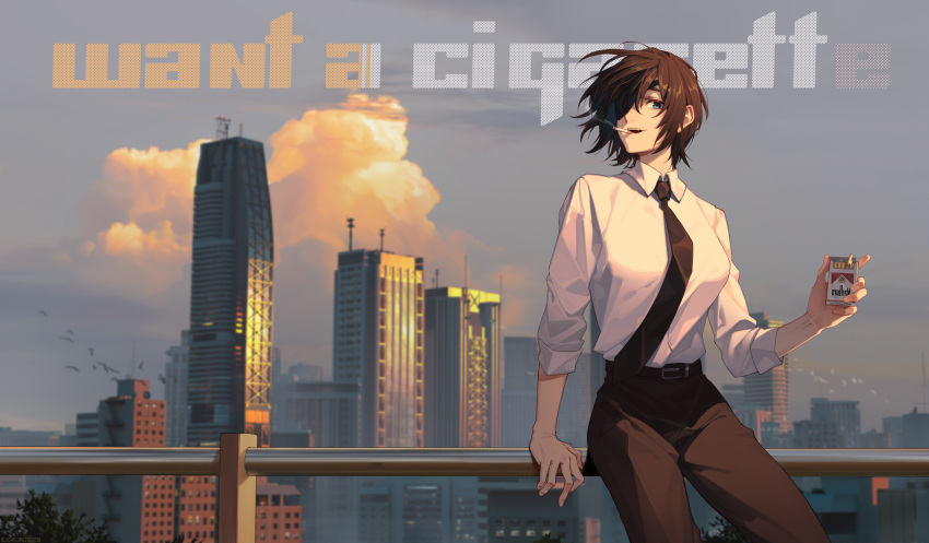 1girl against_railing belt bird black_belt black_hair black_necktie black_pants black_plume blue_eyes breasts building chainsaw_man chinese_commentary cigarette cigarette_pack city cityscape clouds cloudy_sky collared_shirt cowboy_shot day dress_shirt english_text eyepatch grey_sky hair_between_eyes highres himeno_(chainsaw_man) holding_cigarette_box looking_at_viewer marlboro medium_breasts mouth_hold necktie one_eye_covered open_mouth outdoors pants railing shirt shirt_tucked_in short_hair sky skyscraper smile smoke smoking solo teeth white_shirt wind wing_collar