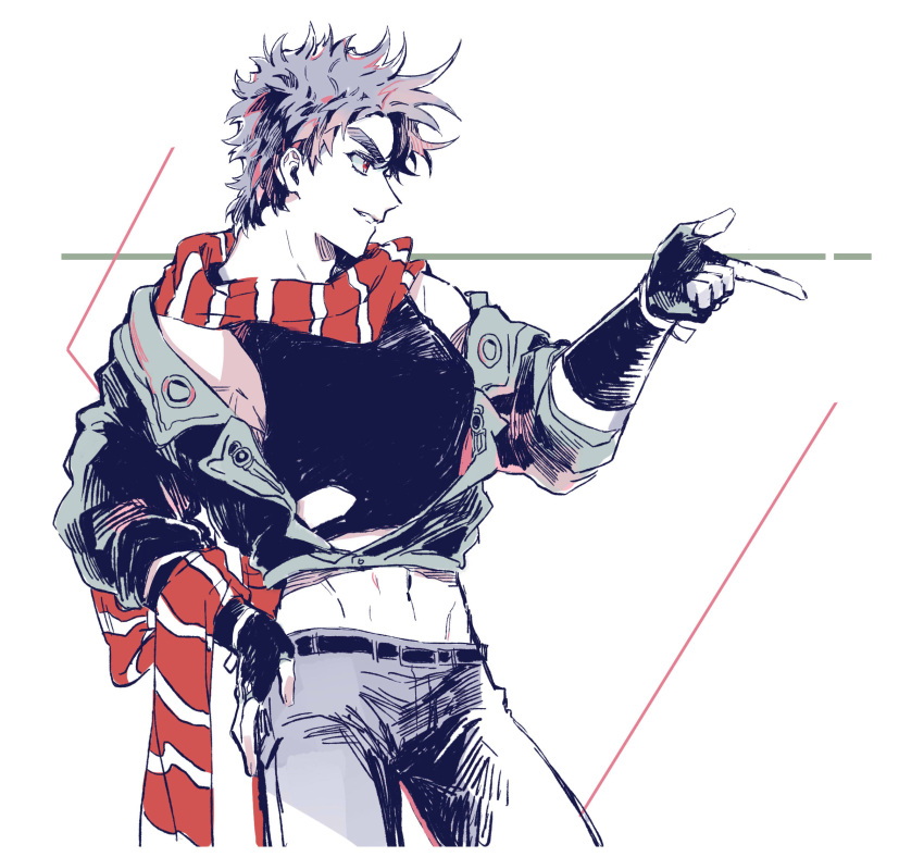 1boy battle_tendency cropped_jacket fingerless_gloves gloves highres jacket jojo_no_kimyou_na_bouken joseph_joestar joseph_joestar_(young) male_focus midriff multicolored_clothes multicolored_scarf nigelungdayo off_shoulder open_clothes open_jacket pointing scarf solo spiky_hair striped striped_scarf