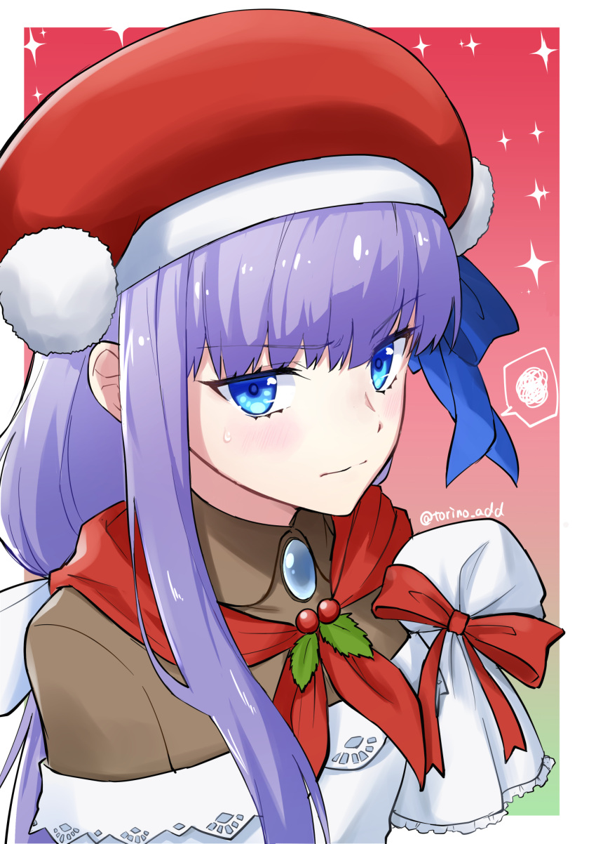 1girl apron bangs blue_eyes blue_ribbon blush breasts brooch brown_shirt cosplay fate/extra fate/extra_ccc fate/grand_order fate_(series) hair_ribbon hat highres jewelry long_hair long_sleeves looking_at_viewer martha_(fate) martha_(santa)_(fate) martha_(santa)_(fate)_(cosplay) meltryllis_(fate) mittens off_shoulder purple_hair red_headwear ribbon santa_hat shirt sleeves_past_fingers sleeves_past_wrists small_breasts solo sparkle torinonest very_long_hair voice_actor_connection white_apron