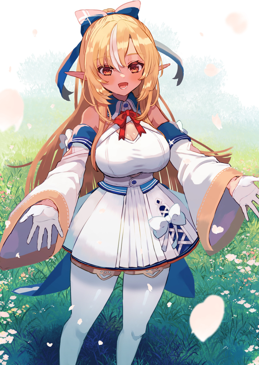 1girl :d absurdres bangs blonde_hair bow bowtie breasts brown_eyes collared_shirt commentary dark-skinned_female dark_skin detached_sleeves elf eyebrows_visible_through_hair feet_out_of_frame gloves grass hair_between_eyes hair_ribbon highres hololive ichi_(iti_iti) large_breasts long_hair long_sleeves looking_at_viewer multicolored_hair pantyhose pointy_ears red_bow red_bowtie ribbon shiranui_flare shirt skirt sleeveless sleeveless_shirt smile solo standing streaked_hair very_long_hair virtual_youtuber white_gloves white_hair white_legwear white_shirt white_skirt wide_sleeves