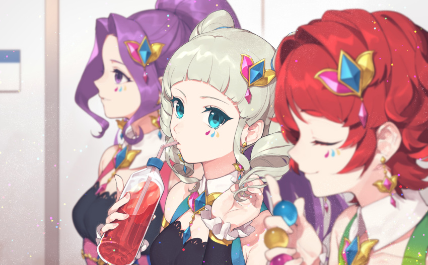3girls aikatsu!_(series) ball bangs bare_shoulders between_fingers black_dress blunt_bangs blurry bottle breasts closed_eyes closed_mouth collarbone commentary_request depth_of_field dress drill_hair drinking drinking_straw earrings facial_mark fingernails from_side green_eyes green_hair hair_intakes hair_ornament highres hitoto holding holding_ball holding_bottle holding_hair ichinose_kaede jewelry kanzaki_mizuki long_hair looking_at_viewer looking_away looking_to_the_side matching_outfit medium_hair multiple_girls parted_lips ponytail profile purple_hair redhead shiny shiny_hair short_hair sidelocks small_breasts smile toudou_yurika twin_drills twintails upper_body violet_eyes wing_collar