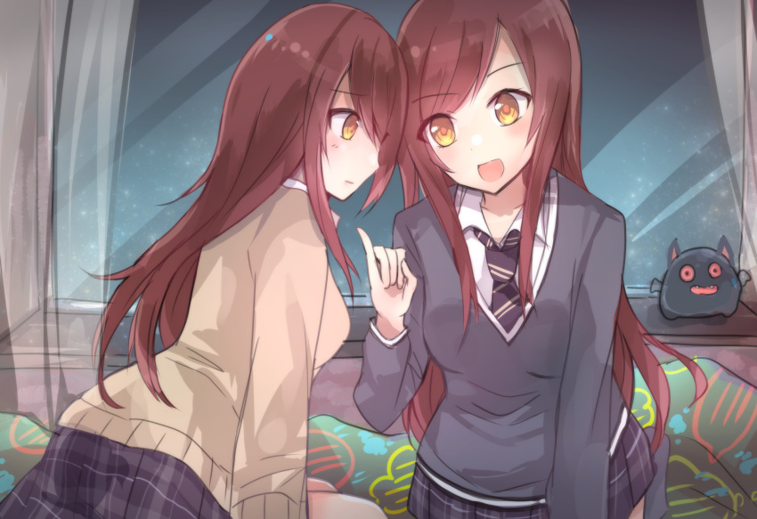 2girls absurdres beige_sweater blue_neckwear brown_eyes brown_hair collared_shirt eyebrows_visible_through_hair from_above gradient gradient_background grey_jacket hair_between_eyes hands_clasped highres idolmaster idolmaster_shiny_colors jacket long_hair looking_at_viewer multiple_girls oosaki_amana oosaki_tenka open_mouth own_hands_together plaid plaid_skirt pleated_skirt school_uniform shirt siblings sidelocks skirt standing straight_hair striped striped_neckwear sunab_umahito twins white_shirt