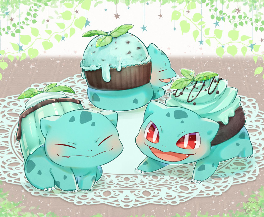 :d blush bulbasaur claws closed_eyes commentary_request cupcake day decorations dripping ears facing_viewer fang fang_out fangs food full_body happy highres ibaraki_natou icing leaf lying no_humans nostrils on_stomach open_mouth pokemon pokemon_(creature) sitting smile sparkle star_(symbol) tongue