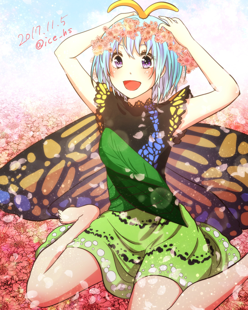 1girl antennae aqua_hair barefoot blush butterfly_wings dated dress eternity_larva fairy flower green_dress hair_between_eyes hair_flower hair_ornament highres ice_(aitsugai) multicolored_clothes multicolored_dress open_mouth petals pink_flower short_hair short_sleeves single_strap sitting smile solo touhou twitter_username violet_eyes wariza wings