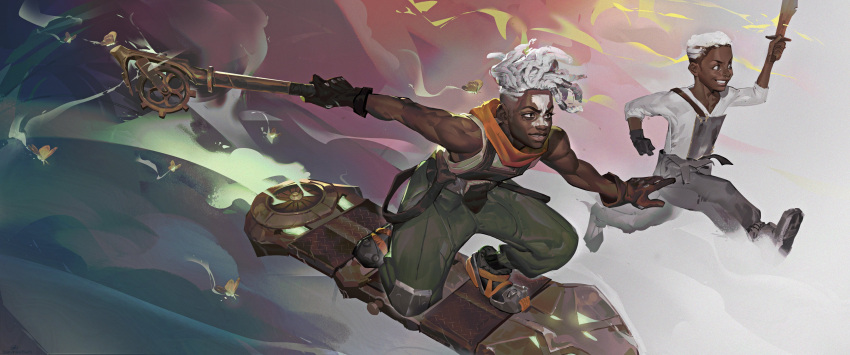 2boys absurdres arcane:_league_of_legends bangs bare_arms bare_shoulders black_gloves brown_pants child dark-skinned_male dark_skin dual_persona ekko_(league_of_legends) fingerless_gloves gloves grey_hair grin hairlocs highres holding holding_sword holding_weapon hover_board league_of_legends long_sleeves male_focus multiple_boys pants short_hair sketchessean sleeveless smile sword teeth weapon white_hair wooden_sword younger