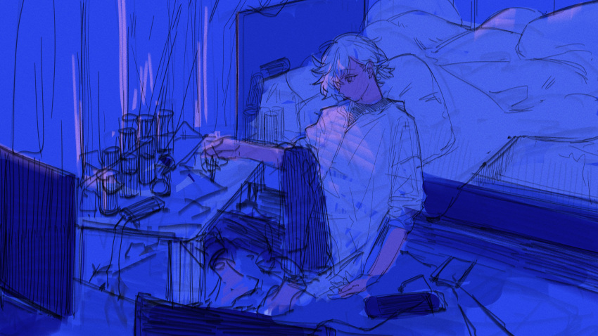 1boy absurdres bed bedroom blue_theme can charging_device closed_mouth crying crying_with_eyes_open curtains game_console highres holding indoors male_focus monochrome nintendo nintendo_switch no_shoes no_socks original pillow rit3set sitting sketch solo table tears television