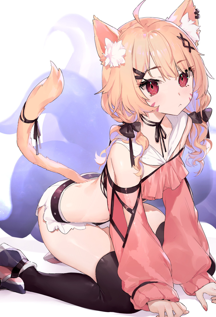1girl :&lt; absurdres ahoge all_fours animal_ear_fluff animal_ears bare_shoulders black_choker black_legwear blonde_hair bow cat_ears cat_girl cat_tail choker closed_mouth clothing_cutout collared_shirt crop_top facial_mark hair_bow hair_ornament hairclip highres long_hair long_sleeves looking_at_viewer low_twintails micro_shorts midriff navel neonbeat off_shoulder pink_footwear pink_shirt red_eyes revealing_clothes ribbon_choker shirt shoes short_shorts shorts shoulder_cutout shyrei_faolan sneakers solo stomach tail tail_raised tentacles thigh-highs thighs twintails vguyen virtual_youtuber white_shorts x_hair_ornament