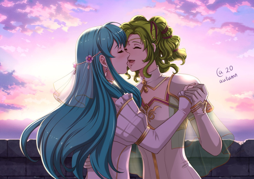 2girls aqua_hair armor autumn-sacura blush bridal_veil circlet closed_eyes dress earrings eirika_(fire_emblem) fire_emblem fire_emblem:_the_sacred_stones green_hair holding_hands imminent_kiss jewelry l'arachel_(fire_emblem) long_hair multiple_girls outdoors shoulder_armor tied_hair upper_body veil wedding white_dress wife_and_wife yuri