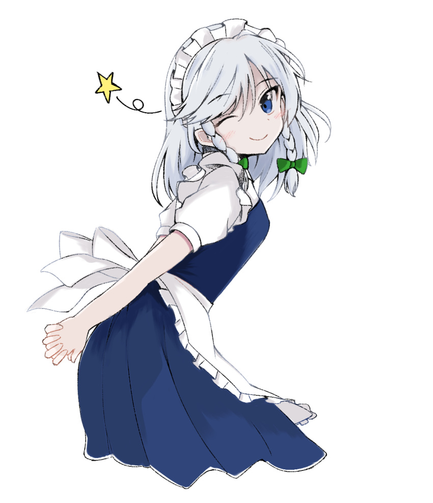 1girl arms_behind_back blue_eyes blush closed_mouth eyebrows_visible_through_hair grey_hair highres ibara_kashipan izayoi_sakuya looking_at_viewer maid maid_headdress one_eye_closed own_hands_clasped own_hands_together short_hair short_sleeves smile solo star touhou
