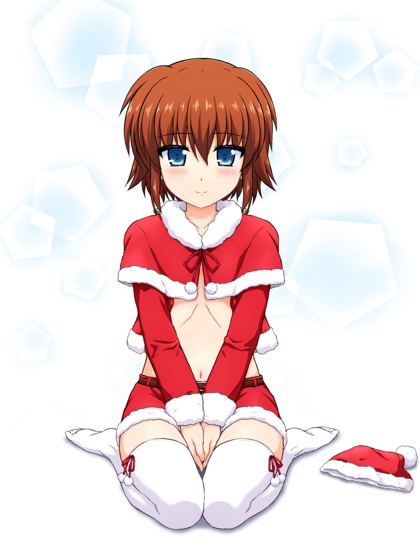 1girl absurdres blue_eyes blush brown_hair capelet christmas closed_mouth commentary_request enma702 eyebrows_visible_through_hair full_body fur-trimmed_capelet fur-trimmed_jacket fur-trimmed_shorts fur_trim hat hat_removed headwear_removed highres jacket looking_at_viewer lyrical_nanoha mahou_shoujo_lyrical_nanoha_innocent navel no_shirt red_capelet red_headwear red_jacket red_shorts ribs santa_costume santa_hat short_shorts shorts shrug_(clothing) sitting smile solo stern_starks thigh-highs v_arms wariza white_background white_legwear