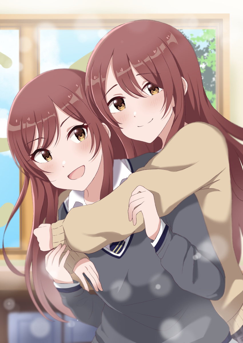 2girls absurdres beige_sweater blue_neckwear brown_eyes brown_hair collared_shirt eyebrows_visible_through_hair from_above gradient gradient_background grey_jacket hair_between_eyes hands_clasped highres idolmaster idolmaster_shiny_colors jacket long_hair looking_at_viewer multiple_girls one_eye_closed oosaki_amana oosaki_tenka open_mouth own_hands_together plaid plaid_skirt pleated_skirt rikuruuto school_uniform shirt siblings sidelocks skirt standing straight_hair striped striped_neckwear twins white_shirt