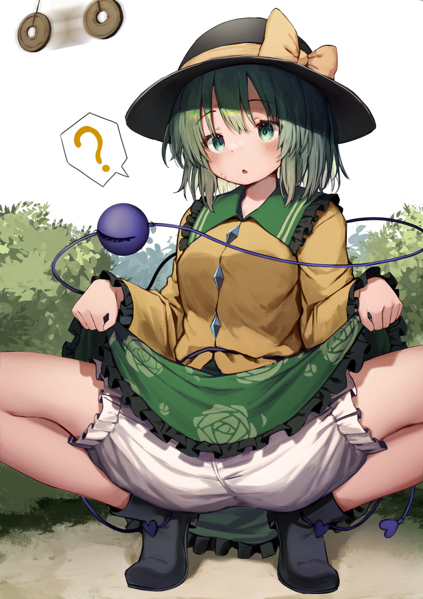 1girl :o ? absurdres bangs black_footwear black_headwear bloomers blush boots bow breasts bush buttons clothes_lift coin_on_string diamond_button eyeball floral_print frilled_shirt_collar frilled_skirt frilled_sleeves frills green_eyes green_hair hat hat_bow hat_ribbon highres komeiji_koishi lifted_by_self long_sleeves looking_at_viewer mamemochi medium_breasts mind_control motion_blur motion_lines open_mouth ribbon rose_print short_hair skirt skirt_lift solo spoken_question_mark squatting string sweatdrop thighs third_eye touhou underwear yellow_bow yellow_ribbon